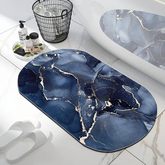 Tapis de bain marbre arrondi bleu nuit & doré