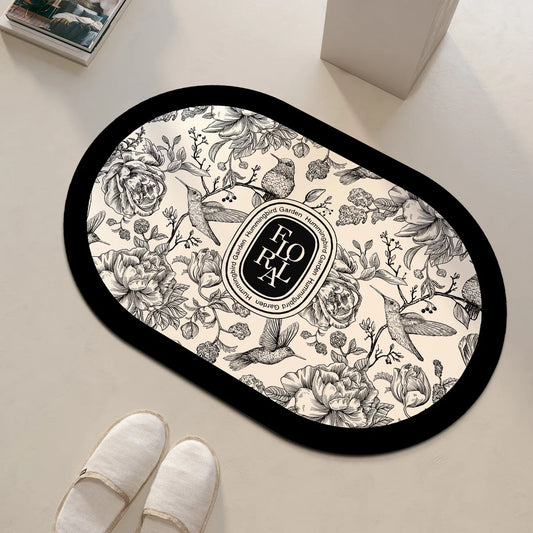 Tapis salle de bain rond floral noir