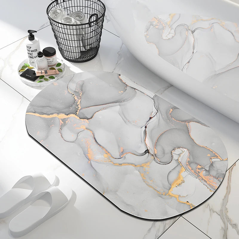 Tapis de bain marbre arrondi gris clair & doré
