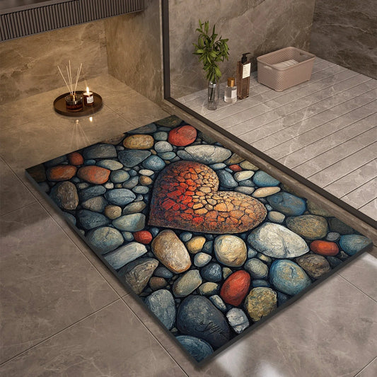 tapis de bain en galet avec un coeur